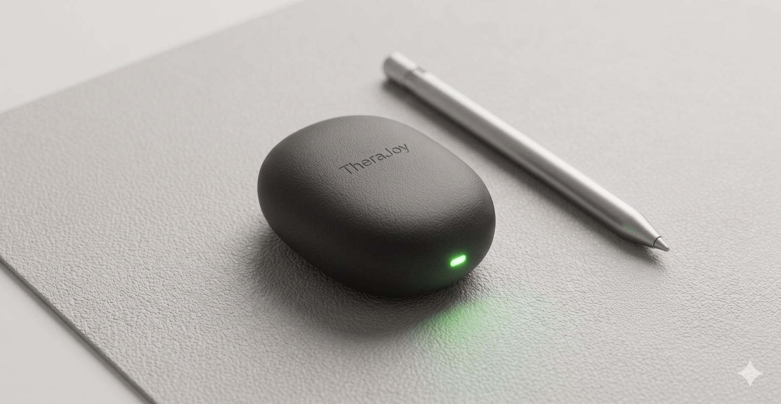 The Pebble resting on a desk next to an Apple Pencil, lit by a warm side light with its green status LED glowing.