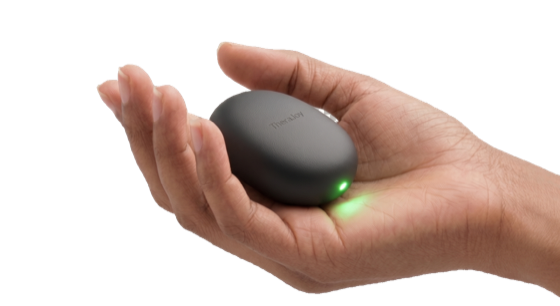 The TheraJoy Pebble, a smooth charcoal palm-sized haptic device with the TheraJoy name debossed on top and a small green indicator light, resting in an open hand