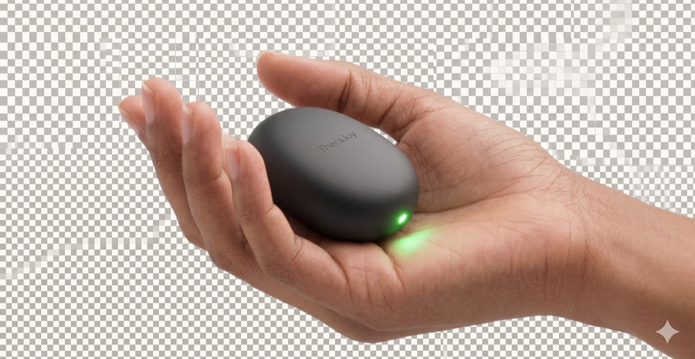 A single Pebble resting in a palm, showing its palm-sized scale and soft-touch matte finish.
